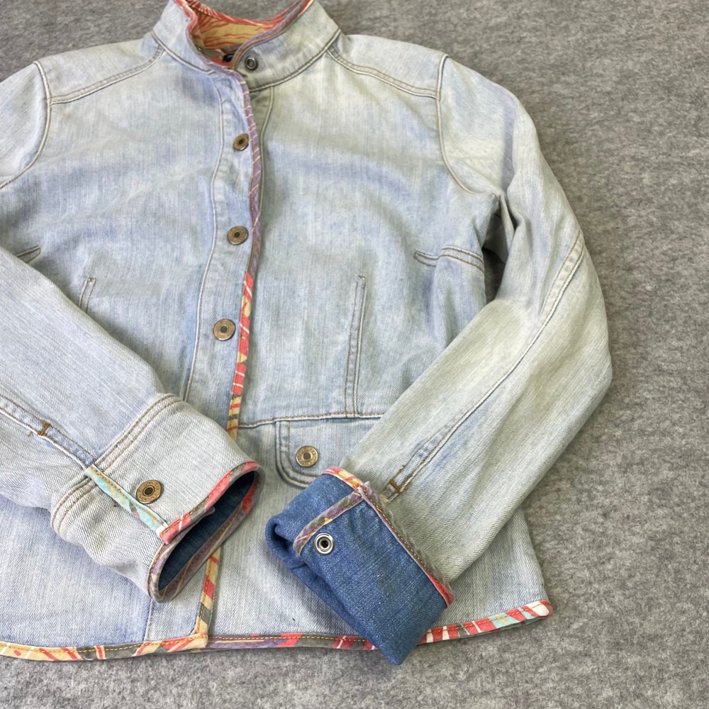 Y2K Gap Stretch Light Wash Mandarin Collar Denim Jacket M Tropical Lining VTG - Picture 12 of 16